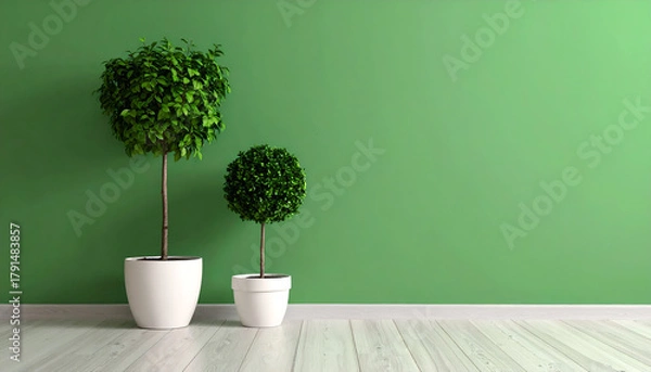 Obraz Minimalist Interior Design with Potted Trees against Green Wall and Wooden Floor