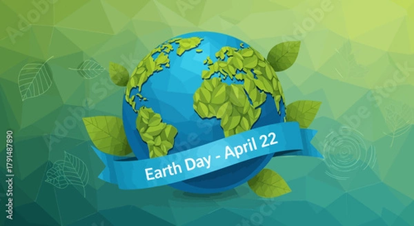 Obraz Earth Day April 22 with Green Leaves and Blue Planet.