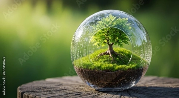 Fototapeta Environmental Protection Terrarium: Small Green Tree Growing Inside a Glass Sphere on a Wooden Stump for Ecology, Conservation, and Nature Science