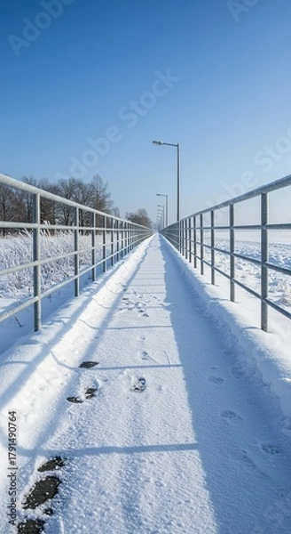 Obraz An empty concrete walkway blanketed in pristine white snow under a frosty winter sky, conveying a tranquil yet cold atmosphere ,shadow ,background ,pavement