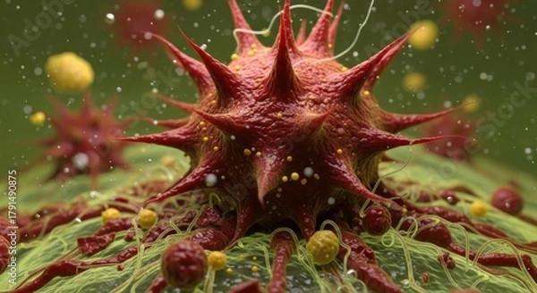 Fototapeta Cancer Cell Microscopic View: Close-up 3D Render of a Red Spiky Cancer Cell Dividing and Spreading for Oncology Research and Medical Science