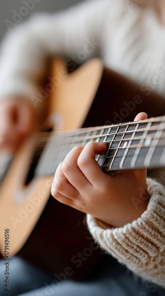 Fototapeta Child learning to play guitar with focused hand plucking strings