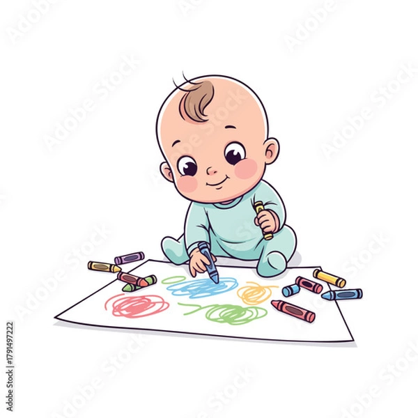 Obraz Baby boy drawing with pencil, illustrating colorful childhood fun and education at a school table