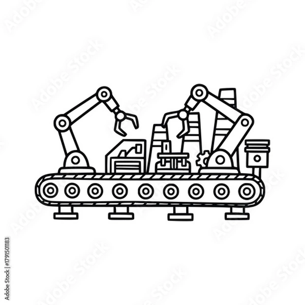 Fototapeta Automated Production Line with Robotic Arms in Black and White.