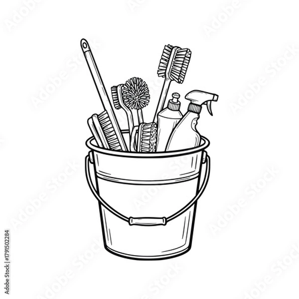 Fototapeta Cleaning Supplies in a Bucket Brushes Sprays and Bottles.
