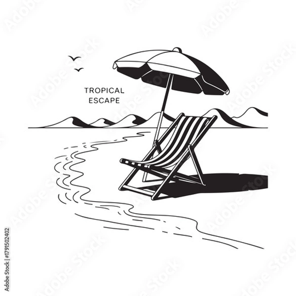 Fototapeta Tropical Paradise Beach Scene Silhouette Vector Graphic