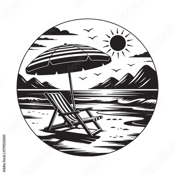 Obraz Tropical Beach Paradise Silhouette Vector Icon with Chair