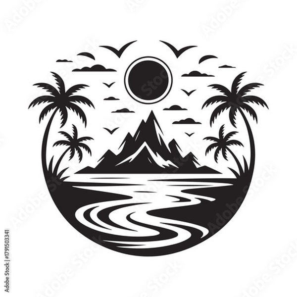 Fototapeta Tropical Beach Paradise Circular Silhouette Vector Badge
