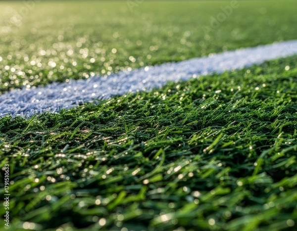 Fototapeta Morning dew glistening on a vibrant green artificial turf soccer field with a crisp white boundary line