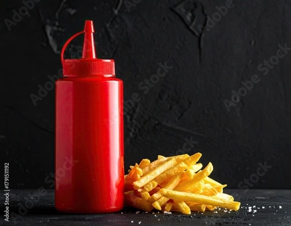 Fototapeta Red ketchup and golden fries against a dark backdrop