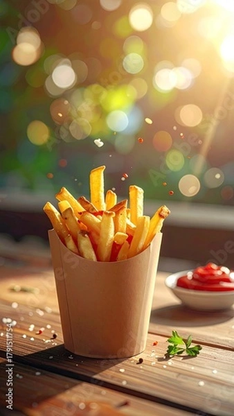 Fototapeta Fries in container on wood with bright, blurred background