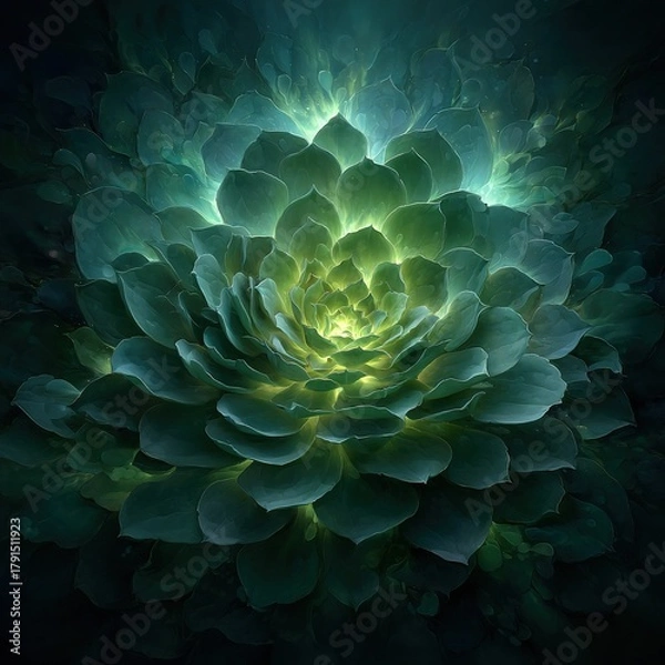 Fototapeta The vibrant conceptual art depicts a growing succulent plant, with bright green energy bursting from its center, symbolizing life, growth, and rebirth in a digital painting style.