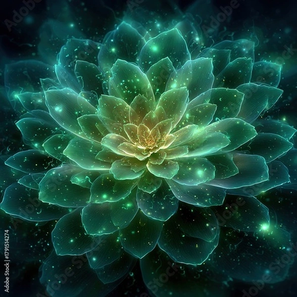 Fototapeta The vibrant conceptual art depicts a growing succulent plant, with bright green energy bursting from its center, symbolizing life, growth, and rebirth in a digital painting style.