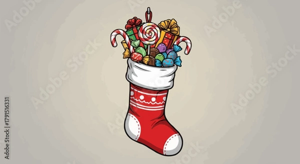 Fototapeta Christmas stocking illustration filled with assorted holiday candy.