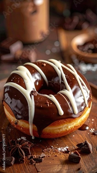 Obraz Glossy donut with chocolate glaze, white drizzle