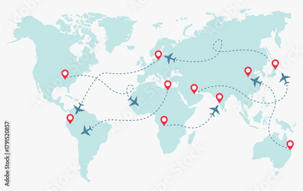 Fototapeta world map tour travel holiday aircraft plane traffic vector template design illustration