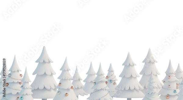 Fototapeta Minimalist white fir trees standing in row symbolizing cold winter season and seasonal festive celebration decoration theme.