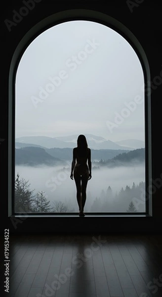 Fototapeta Silhouette of a woman standing by a window overlooking a misty mountain landscape indoors.