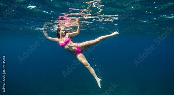 Fototapeta A woman gracefully swims underwater in a pink bikini creating a sense of freedom and tranquility.