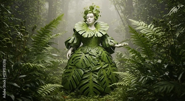 Fototapeta A lush figure emerges, adorned in a verdant gown of tropical monstera leaves in misty woods.