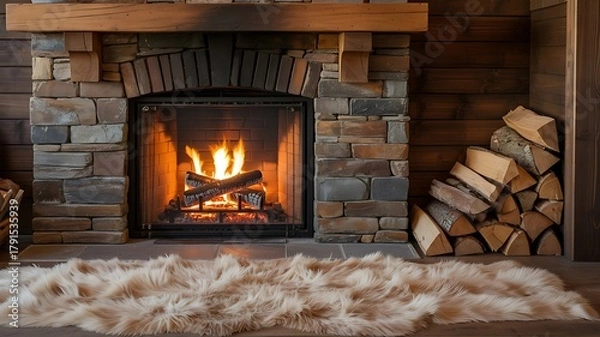 Obraz Rustic stone fireplace with roaring fire and cozy faux fur rug