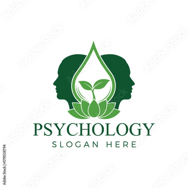 Fototapeta Psychology logo design with human head, lotus flower, and water drop