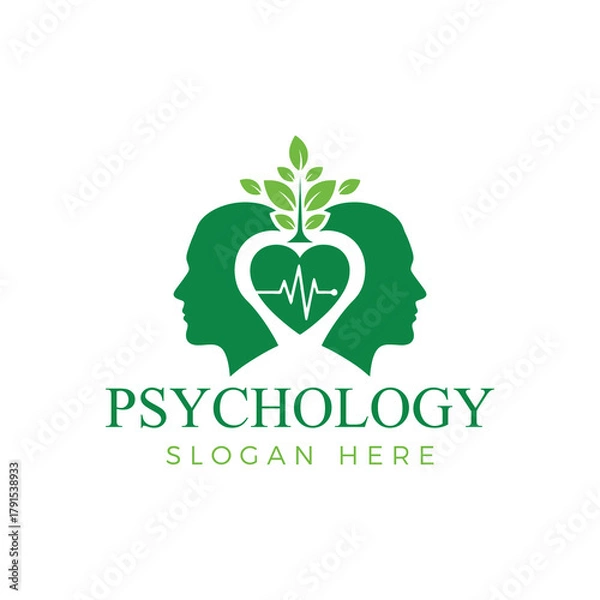 Fototapeta Psychology logo featuring two green human profiles, a heart with an ekg line, and leaves