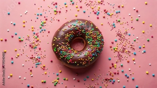 Fototapeta A Delicious Chocolate Glazed Donut Decorated with Colorful Sprinkles on a Pink Background