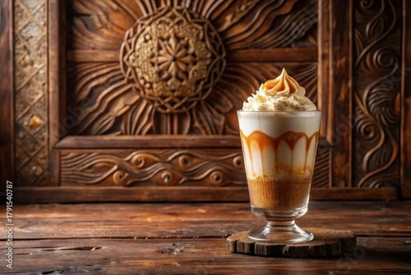 Fototapeta A decadent caramel and cream dessert drink served in a stemmed glass, resting on a rustic wooden coaster, with a rich, intricately carved wooden backdrop