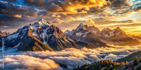 Fototapeta Majestic Mountain Peaks Bathed in Golden Sunset Light, Above a Sea of Clouds