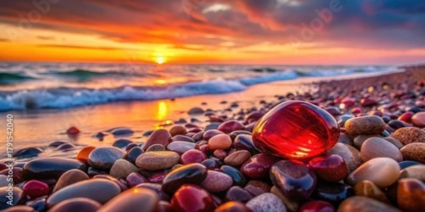 Fototapeta Serene Sunset Glow Illuminates Smooth Ocean Stones and a Radiant Red Gem on a Shoreline