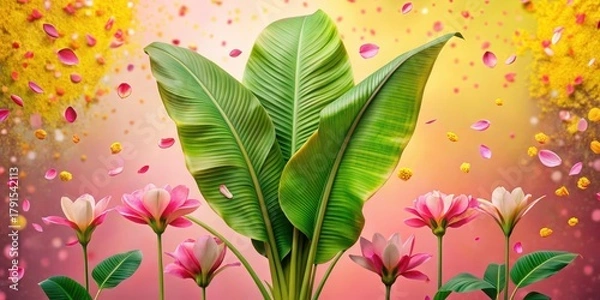 Fototapeta Vibrant tropical foliage and delicate blossoms in a whimsical, surreal setting, adorned with falling petals in a spectrum of soft hues.