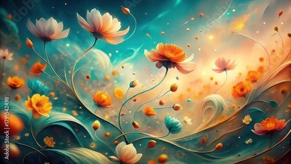 Obraz Whimsical Floral Dance in a Dreamlike Landscape of Vibrant Hues and Flowing Forms