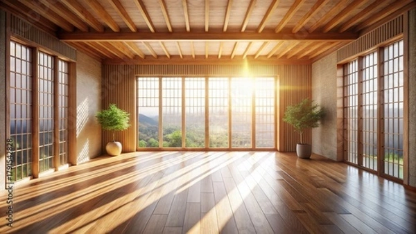 Fototapeta Sunlit Zen Interior Design with Hardwood Floor and Large Windows