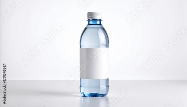 Obraz Small clear plastic water bottle with a white cap and a blank rectangular label, set against a bright, clean background. Beverage packaging template.