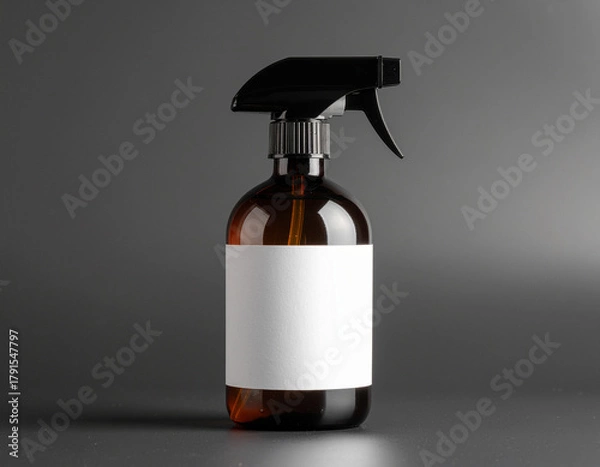 Obraz Minimalist dark brown glass spray bottle with a blank white label and black trigger sprayer, standing on a dark surface. Cleaning or hair product branding.
