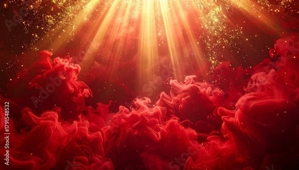 Fototapeta Fiery Red Clouds Illuminated by Golden Rays Abstract Nature Photography