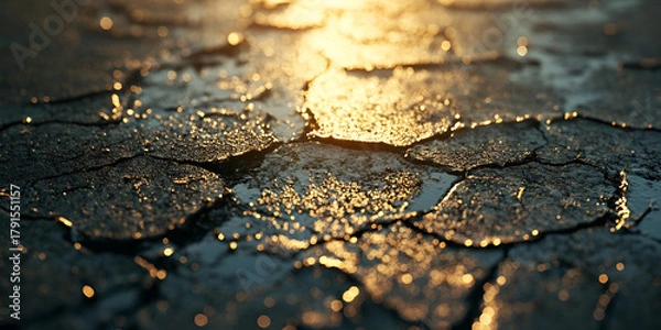 Obraz Cracked Dry Ground with Golden Sunset Light and Water Drops