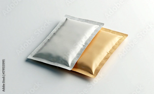 Fototapeta Two metallic sachet packages, silver and gold, isolated on light background, mockup for cosmetic or food product packaging design.
