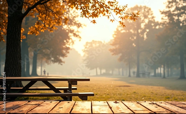 Obraz Wooden picnic table under autumn trees in a park with warm sunlight and golden leaves, peaceful morning atmosphere.