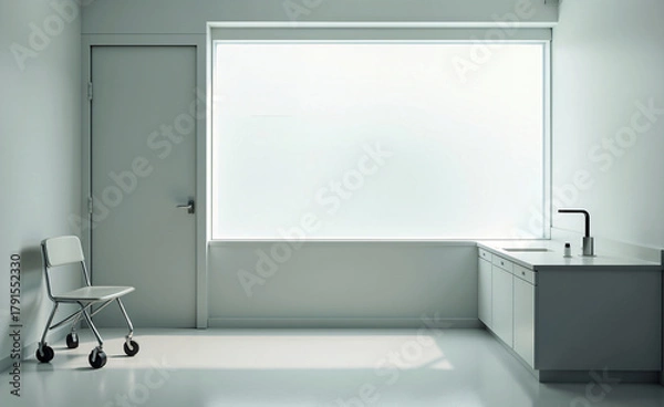 Fototapeta Minimalist medical room interior with chair on wheels, sink, and large frosted window in soft lighting.