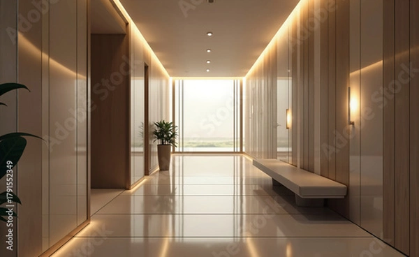 Fototapeta Elegant modern hallway interior with warm lighting, glossy walls, and minimal design featuring plants and bench seating.