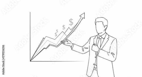 Obraz Businessman Presenting Financial Growth Chart with Upward Trend and Dollar Signs.