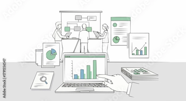 Obraz Business meeting with data analysis and charts on laptop screen.