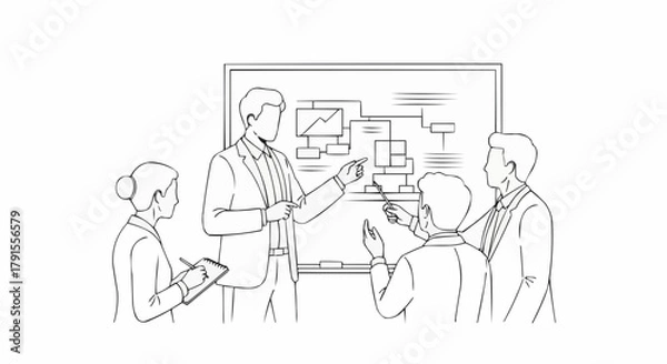 Obraz Line drawing of a business team collaborating on a project flowchart.