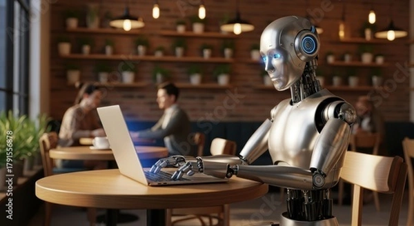 Fototapeta Robot working on a laptop in a cafe with people in the background and lights on the shelves behind them