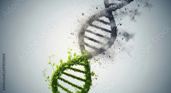 Fototapeta Dna strand with green leaves and disintegration effect on a light gray gradient background design