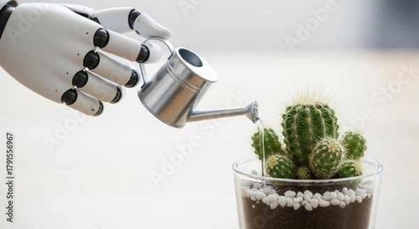 Fototapeta A robot hand watering a cactus with a silver watering can in a glass pot on a white background