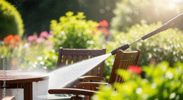 Fototapeta Power washing a wooden table and chairs outdoors in a garden on a sunny day with greenery around