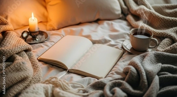 Fototapeta A cozy scene with an open book, candle, and steaming cup on a bed with soft blankets and pillows